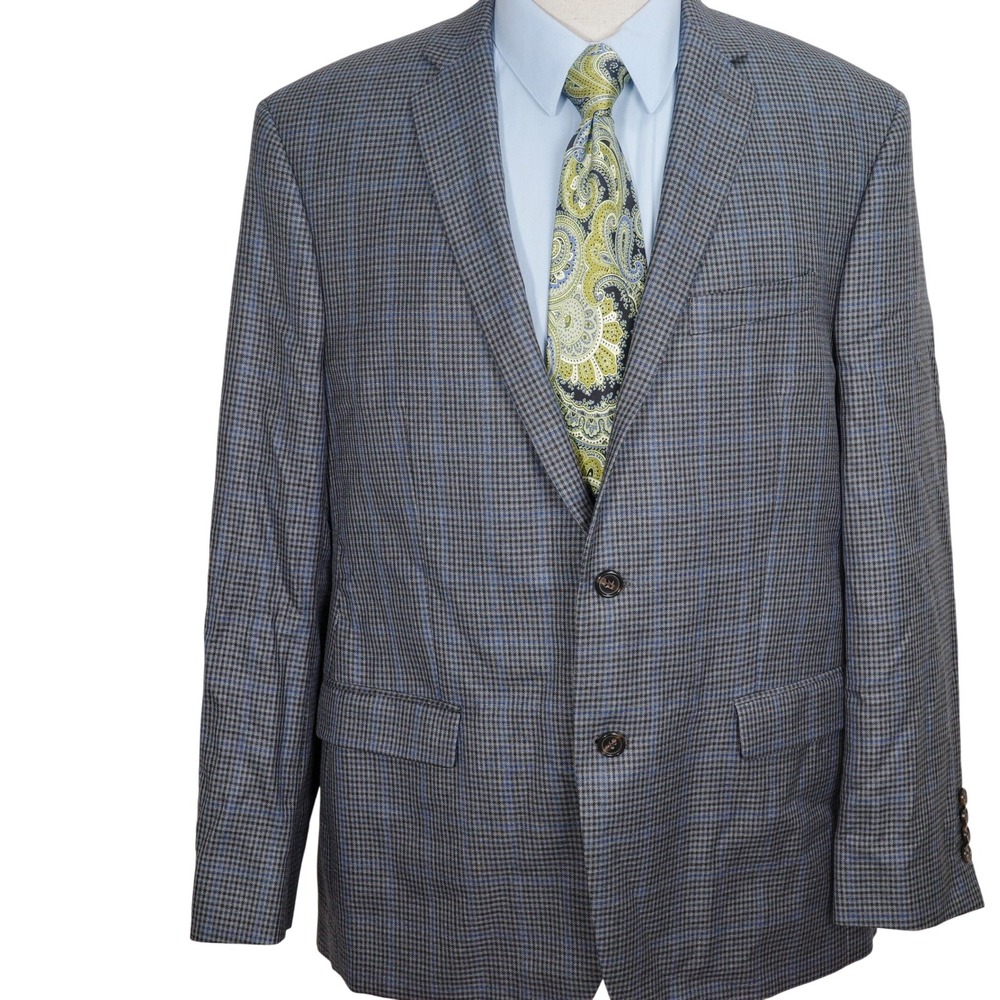 Ralph Lauren Blazer Men 46R Blue‎ Gray Houndstooth 2 Button Silk Wool Luxury